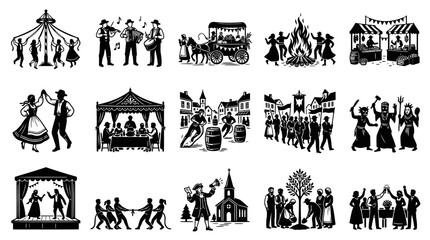 Obraz premium Set of Black and White Woodcut Style Illustrations: Folk Festivals, Community Celebrations, and Traditional Rural Life Scenes