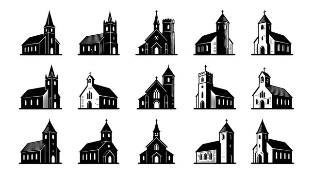 Black and White Church Icons Set Vector Illustration