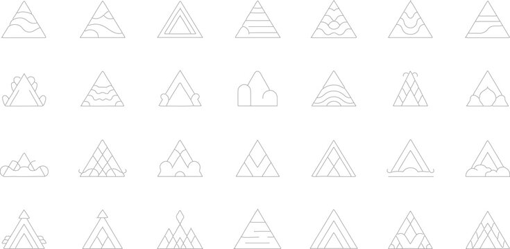 Set of 28 minimalist triangle outline icons featuring abstract geometric mountain peaks, landscape symbols, and linear graphic elements arranged in a grid on a white background.