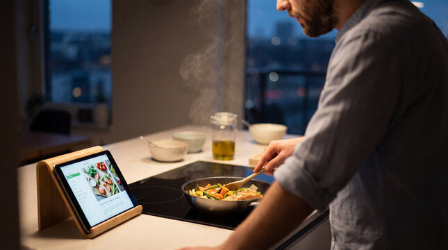 Bearded man cooks healthy dinner in evening kitchen while reading tablet recipe fresh vegetables steam rising from pan smart home wellness meal prep lifestyle content planning daily routine
