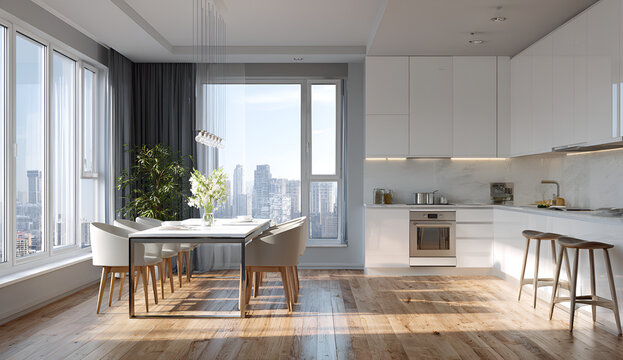 Modern kitchen with large windows overlooking a city skyline, a dining table, chairs, and a minimalist design