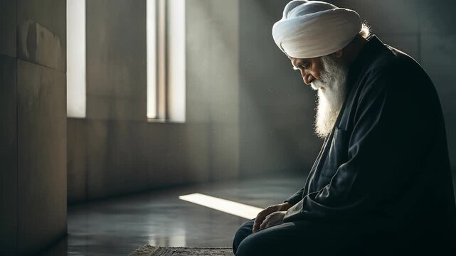 An elderly man with a long white beard and turban sits in deep prayer on a mat, illuminated by soft light filtering through windows in a serene room.