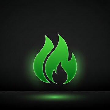 Glowing Green Fire Flame Icon on Dark Background.