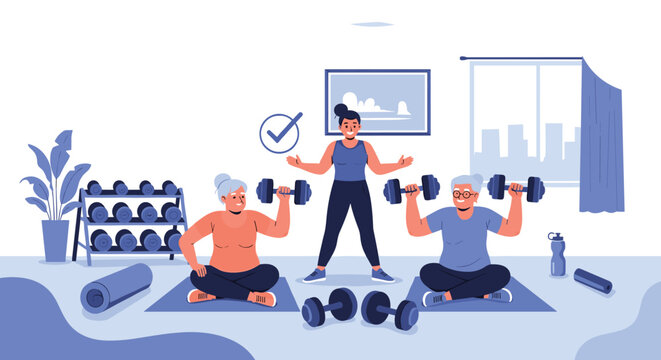 Group of elderly women performs weightlifting exercises under the supervision of a fitness trainer in a bright gym studio.