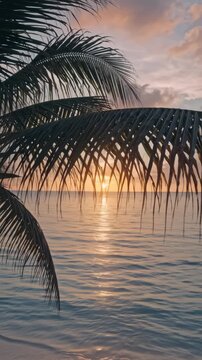 Breathtaking sunset over the calm tropical ocean, palm tree silhouette, serene atmosphere, golden hour reflection on water surface.