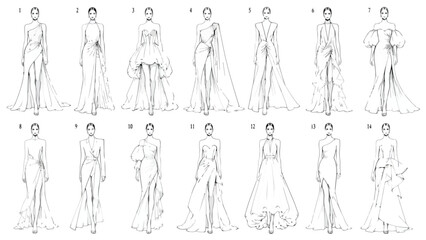 Fototapeta premium Fashion illustration set of 14 evening gown sketches, elegant bridal and couture dress croquis, minimalist black line art vector drawings