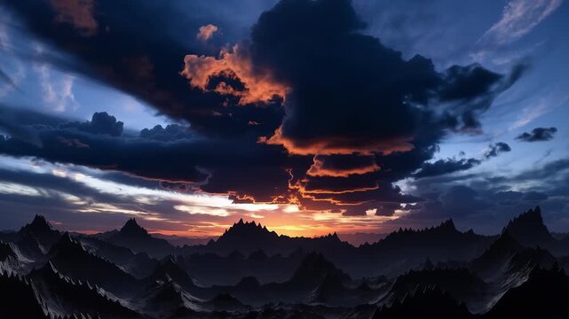 Dramatic sunset illuminates jagged mountain peaks as storm clouds gather, painting the sky in vibrant orange and deep blue hues, capturing natures powerful and aweinspiring transition.