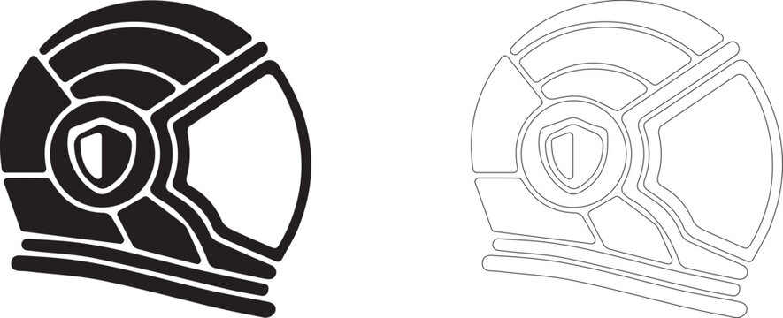 Side view space protective helmet vector icon, spacesuit helmet in profile symbol, pilot gear, crew safety and cosmic armor.