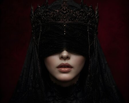 A blindfolded gothic queen wears a black veil and ornate crown against dark red. Useful for fantasy covers, horror posters, game art, and gothic branding.