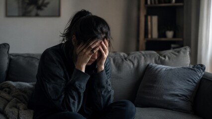 Obraz premium Woman sitting with head in hands on couch in dim living room