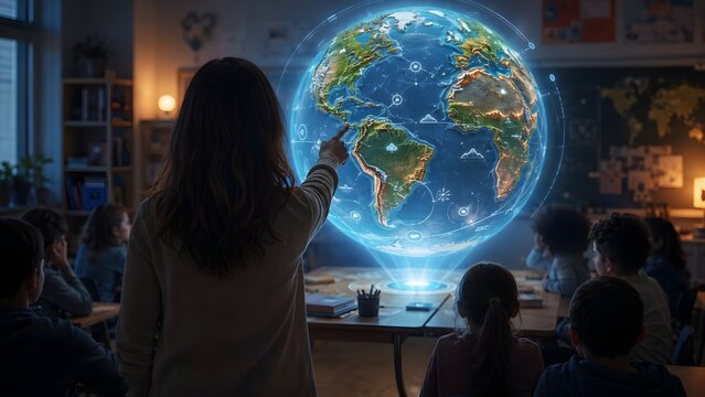 Female teacher points toward a vibrant holographic globe projection in a dark classroom while students watch the glowing digital map during an interactive science lesson