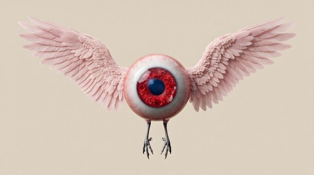 A flying eyeball monster spreads pale pink wings on a plain backdrop. Ideal for fantasy games, surreal posters, horror comedy, and creature design.