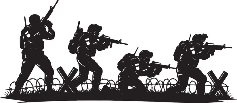 Black and white silhouette illustration of four military soldiers in tactical gear carrying rifles, navigating a battlefield featuring barbed wire fences and tank traps on white.