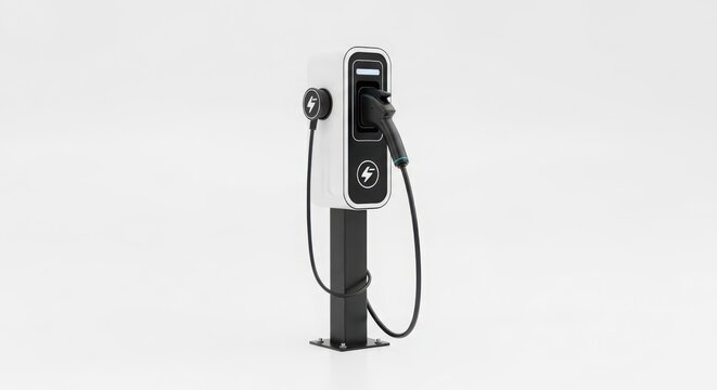 Modern Electric Vehicle Charging Station with Black Cable and Plug, Isolated on White