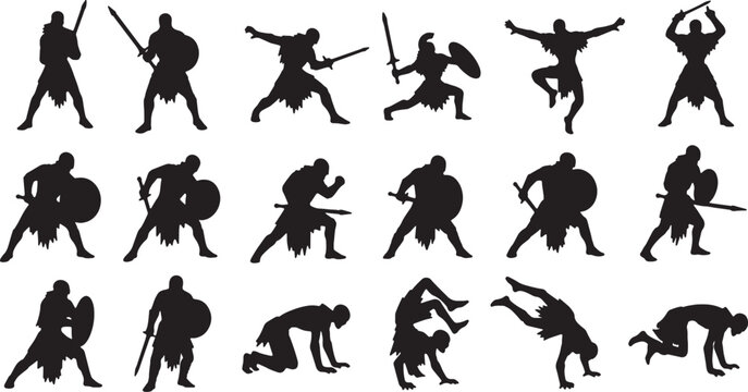 Collection of 18 black silhouette illustrations of ancient warriors, Spartan hoplites, and gladiators in various combat poses with swords and shields isolated on white background.
