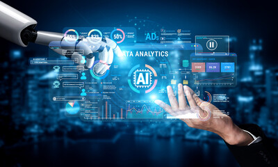 Advanced Data Analytics and AI Integration, Hand of Robot and Human Collaborating in Digital Environment with Graphs and Statistics Fluxor. © InfiniteFlow