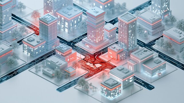 Isometric 3D illustration of a smart city featuring cracked roads and warning overlays main focus on urban damage with soft gradient lighting and minimal tech style on white
