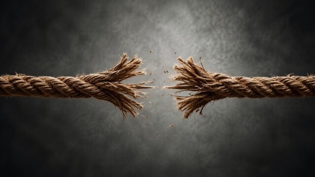 Frayed rope snapping under tension on dark textured background