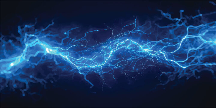 A powerful blue lightning bolt flashes across a dark storm night sky, creating a fractal electricity background filled with energy and thunder
