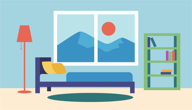 Minimalist bedroom with mountain view through window during daytime with sun