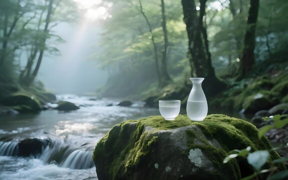 Japanese sake served in a glass carafe and cup on a mossy rock by a serene mountain stream.