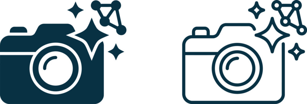 camera photo icon with sparkle stars and network share link symbol vector badge graphic