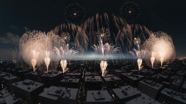 Spectacular Golden Fireworks Exploding Over a SnowCovered Cityscape at Night, Festive Aerial View.