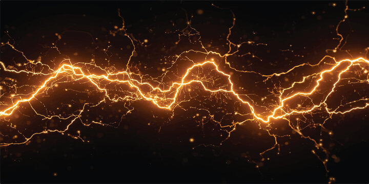 A dramatic flash of electric lightning strikes through the dark night sky, bringing a powerful storm of natural energy and hot fractal textures to this black background illustration