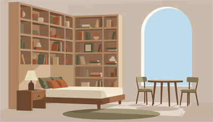 Cozy bedroom with built-in bookshelves and a large arched window during soft daylight © ABULSTOCK