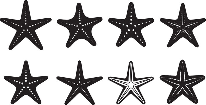 Collection of eight black starfish silhouettes on a white background featuring various styles including dotted internal patterns, solid shapes, and line art for marine design projects.