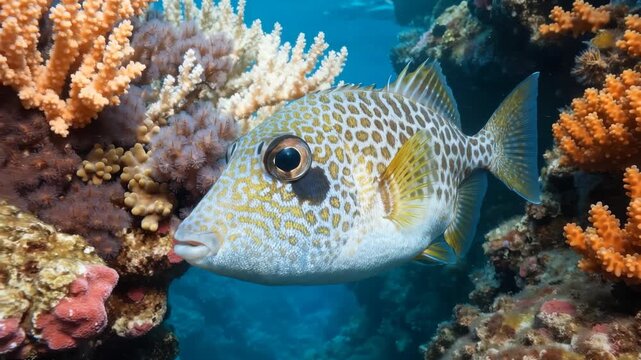 Unique Spotted Hawkfish Navigates Vibrant Coral Reef Ecosystem, Underwater Marine Wildlife Cinematography