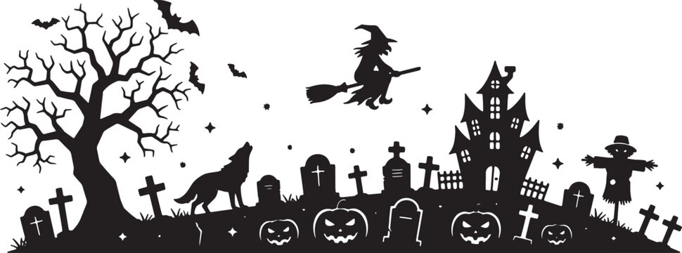 Horizontal black silhouette illustration of a Halloween landscape featuring a haunted house, flying witch, howling wolf, spooky dead tree, bats, jack-o-lanterns, and a graveyard scene.