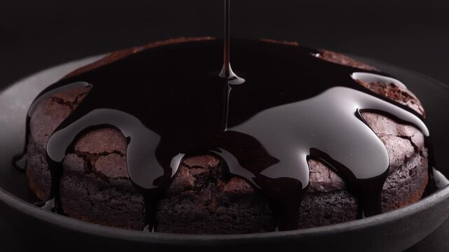 Rich Chocolate Syrup Pouring Over Decadent Dark Chocolate Cake, Professional Culinary Footage