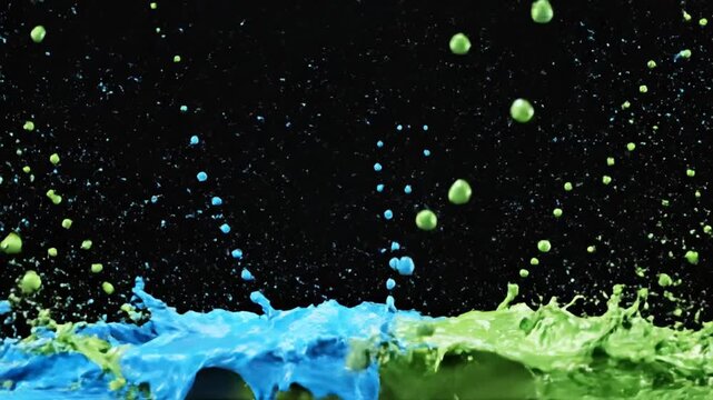High-speed photography of blue and green paint liquids splashing together against a solid black background.