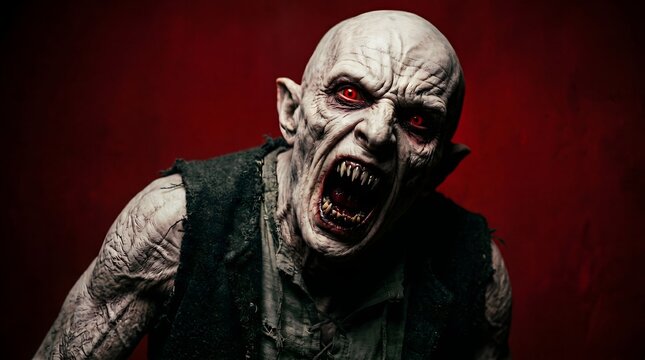 A bald vampire creature snarls with sharp teeth against a red background. Strong for horror posters, game villains, and dark fantasy campaigns.