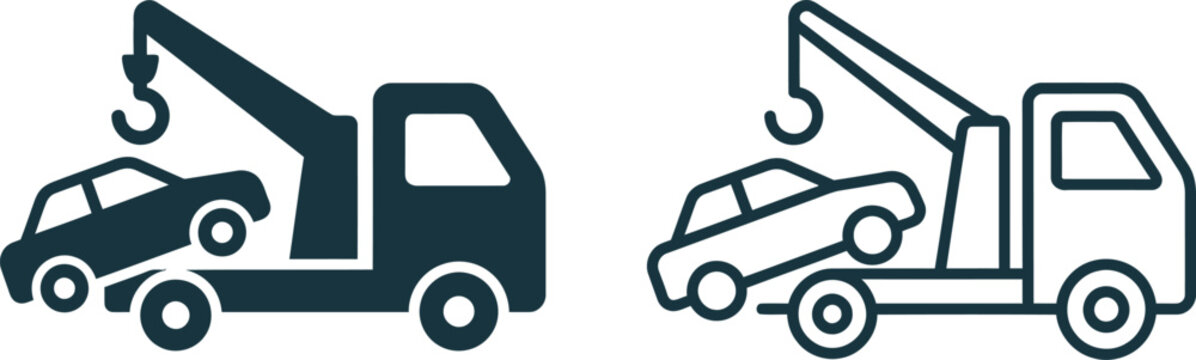 flat truck towing and auto transport services icon set with loading ramp and wheel hooks