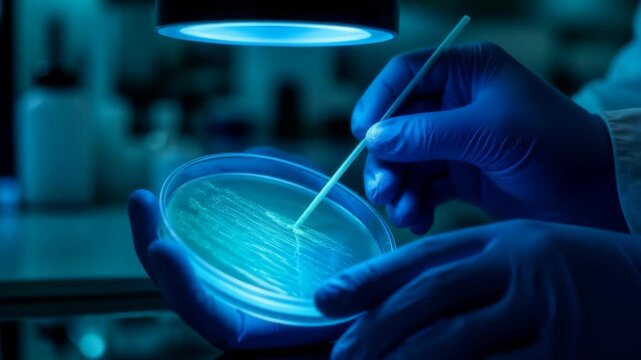 Scientist In Blue Gloves Examines Petri Dish Under UV Light In Laboratory, Close Up On Scientific Research and Analysis