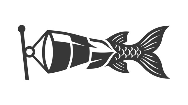 Fish windsock graphic icon, wind vane silhouette, weather indicator, isolated on white