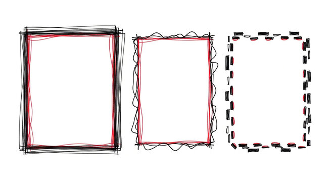 Three distinct rectangular frames created with hand drawn chaotic messy ink scribbles and thin red lines featuring artistic sketch styles illustrated on white background