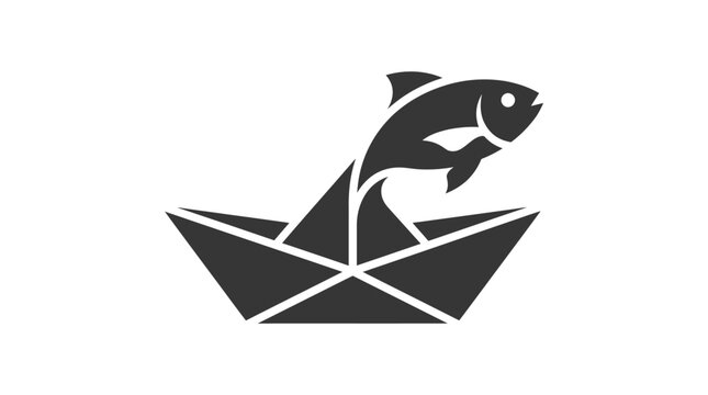 Jumping Fish in Paper Boat Silhouette Icon