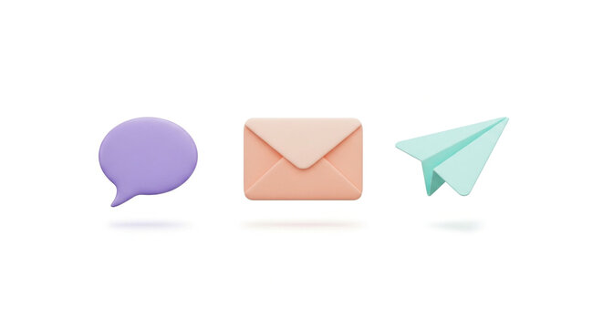 Three dimensional icons of a purple speech bubble a peach envelope and a mint green paper plane floating smoothly in soft lighting on white background