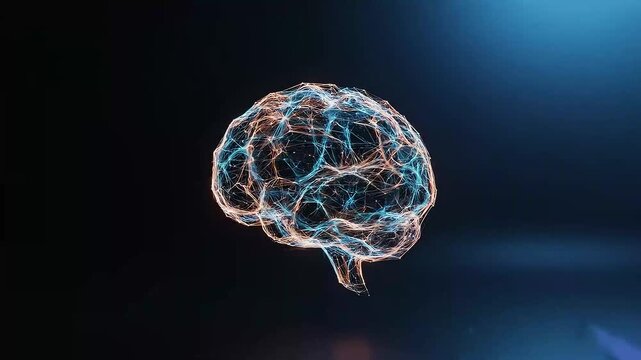 Glowing wireframe brain formed by interconnected blue and orange neural lines on dark gradient background