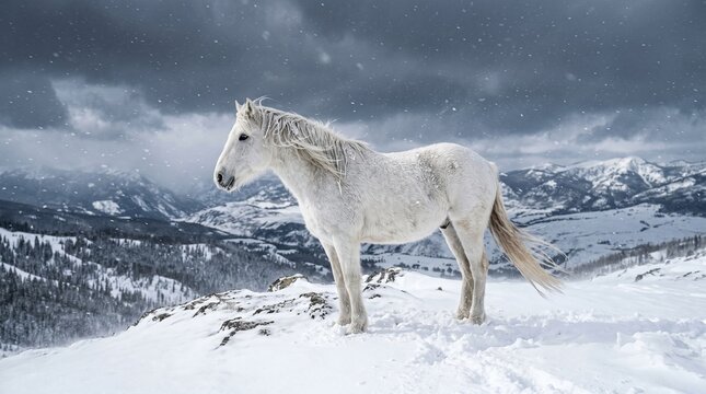 White horse standing on snowy mountain.