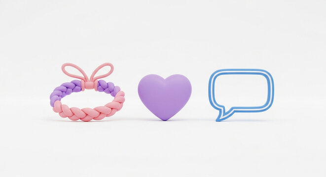 A soft pink braided hair scrunchie with a bow next to a purple heart and a blue speech bubble icon rendered in 3d on white background.