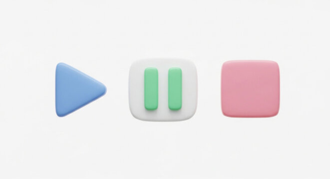A set of 3d media control buttons featuring a blue play triangle a green pause symbol and a pink square stop icon on white background