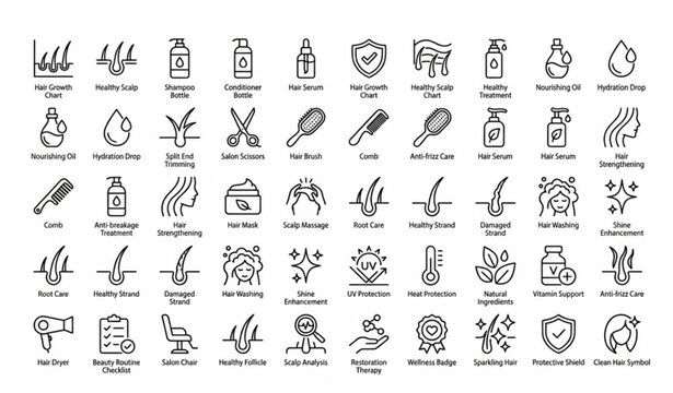 Editable Stroke Hair Wellness and Maintenance Icon Set with Repair Growth and Conditioning Symbols