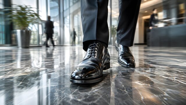 Professional businessman wearing polished black leather dress shoes walks across a shiny marble office floor during a busy workday while showcasing his stylish and formal attire