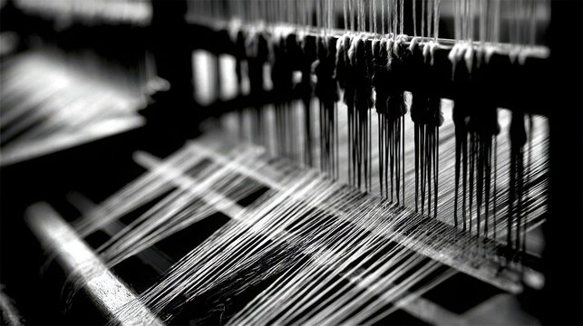 Close-up of fine threads being intricately woven on a traditional textile loom in a monochrome industrial setting