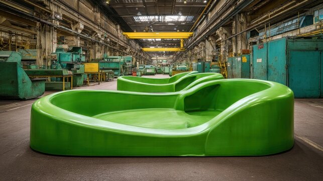 Complex green plastic component being formed by industrial vacuum machine in large factory