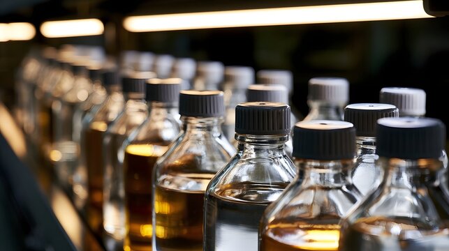 A robust arrangement of glass bottles filled with various liquids dramatically lit to create a technical and industrial mood